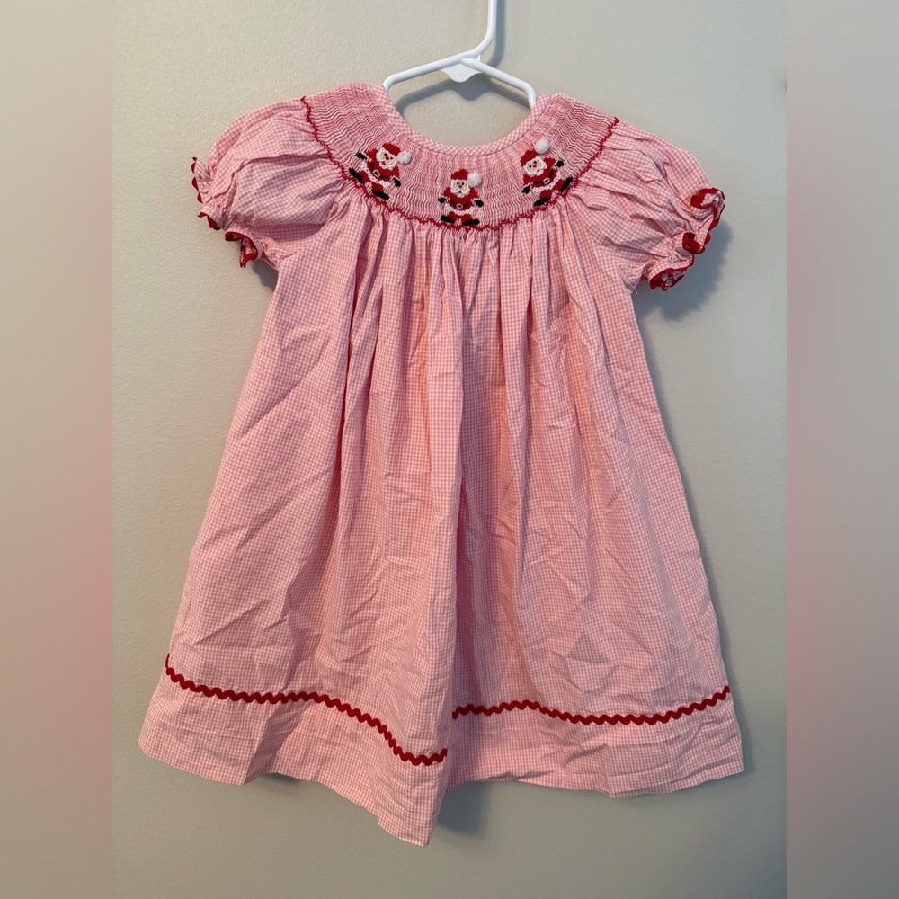 Classic Whimsy Pink Gingham Santa Smocked Dress